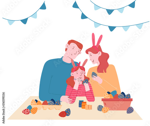 Happy Family Prepare for Easter Spring Holiday Celebration. Mother, Father and Little Daughter in Rabbit Ears Painting Eggs, Parents and Child Spare Time. Cartoon Flat Vector Illustration, Line Art