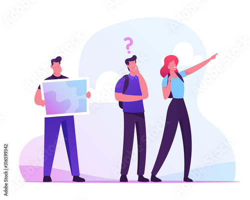 Men and Woman Backpackers Learning Map Deciding what Way to Choose. Travelers Hiking Adventure, Vacation Trip Concept. Tourists Walking Route, Hike Outdoors Activity Cartoon Flat Vector Illustration