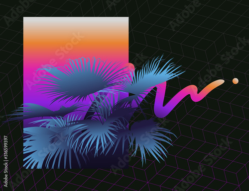 vapor wave neon gradient with grid line and palm tree