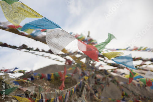 Tibetan flags waving on the wind in Ladakh, India