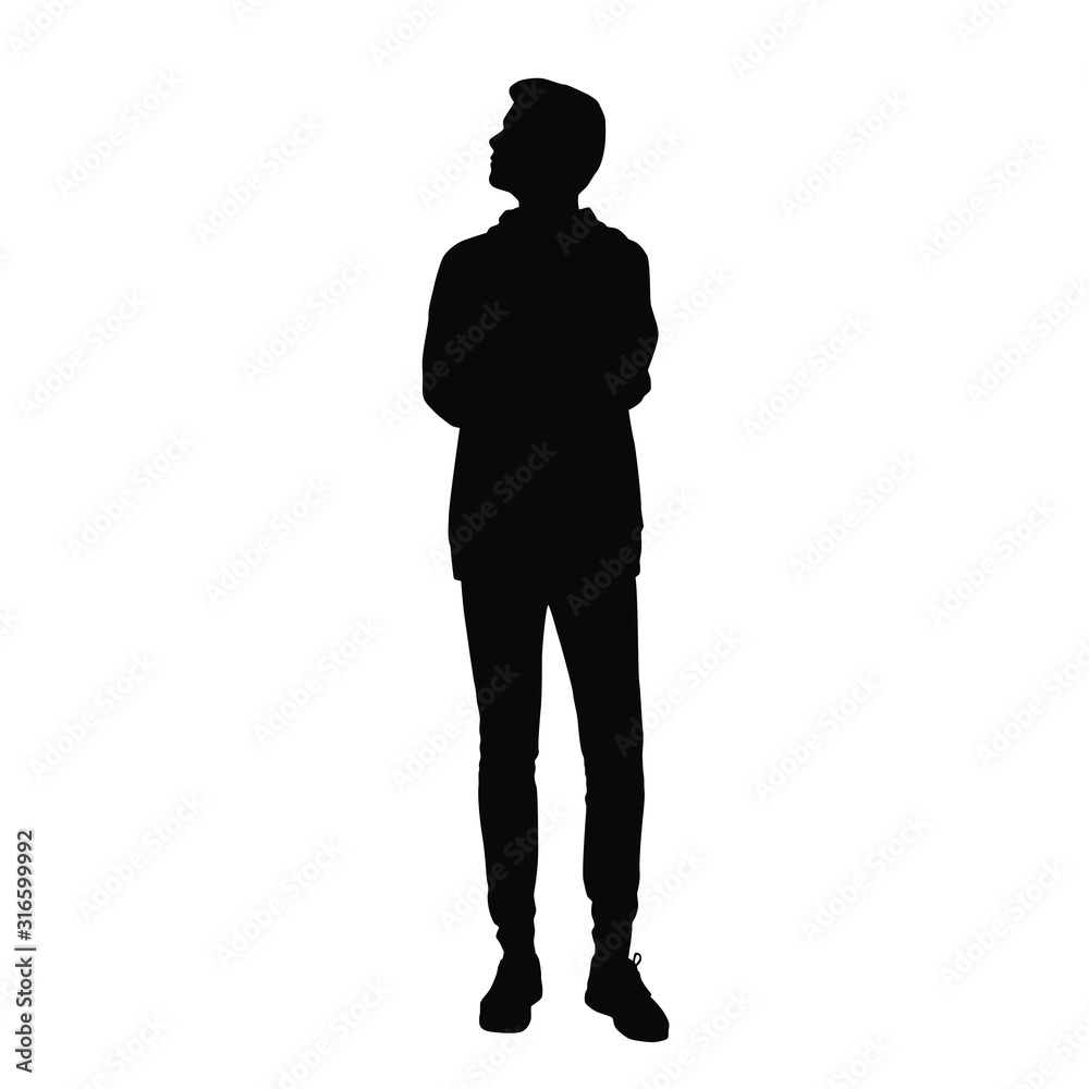 Vector silhouette of a man in a hoodie and jeans standing, profile, black color, isolated on a white background