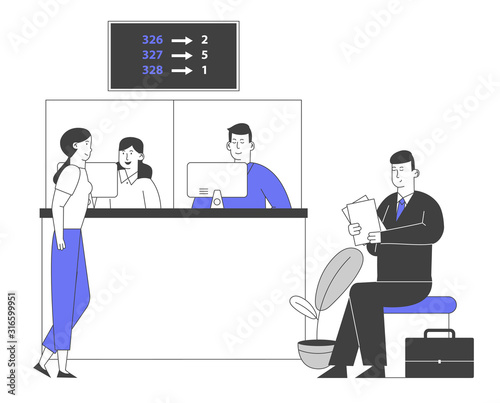 People Waiting in Queue Look at Display Number Board. Contemporary Technologies in Bank Service, Account Management and Financial Electronic Queuing System Cartoon Flat Vector Illustration, Line Art