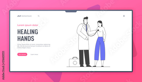 Illness and Sickness Website Landing Page. Doctor Visiting Patient Listen Heart Beating, Ill Woman Having Cold Virus, Caught or Flu Disease Web Page Banner. Cartoon Flat Vector Illustration, Line Art