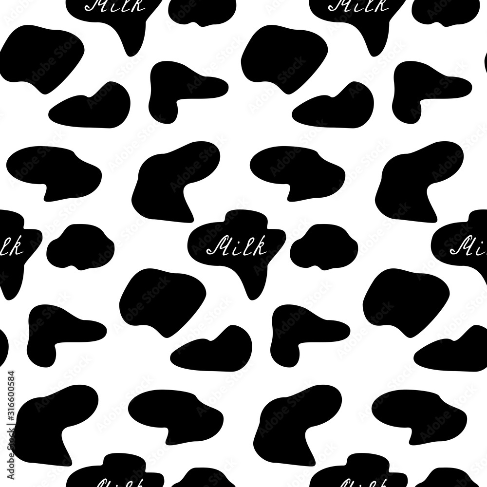 Seamless pattern black and white milk cow skin. Vector design can be used for fabrics, textiles, wrapping paper. Seamless pattern black and white milk cow skin. Vector design can be used for fabrics, textiles, wrapping paper.