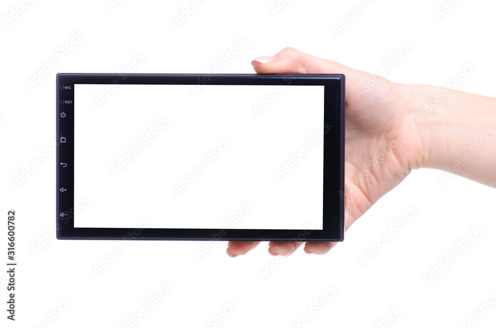 Car stereo system touch screen in hand on white background isolation Car stereo system touch screen in hand on white background isolation