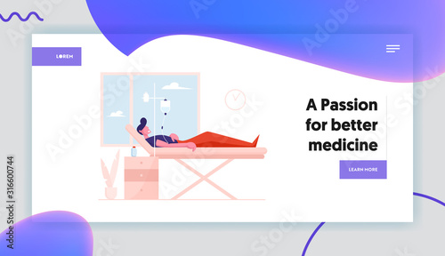 Recovery after Disease or Intoxication, Fight for Life Healthcare Website Landing Page. Sick Injured Patient Lying in Hospital Medical Bed with Dropper Web Page Banner Cartoon Flat Vector Illustration