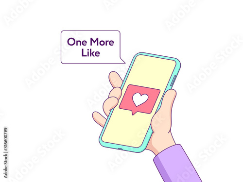 Cartoon hand keeps touchscreen phone and shows on the display heart, new Like notification from social media network