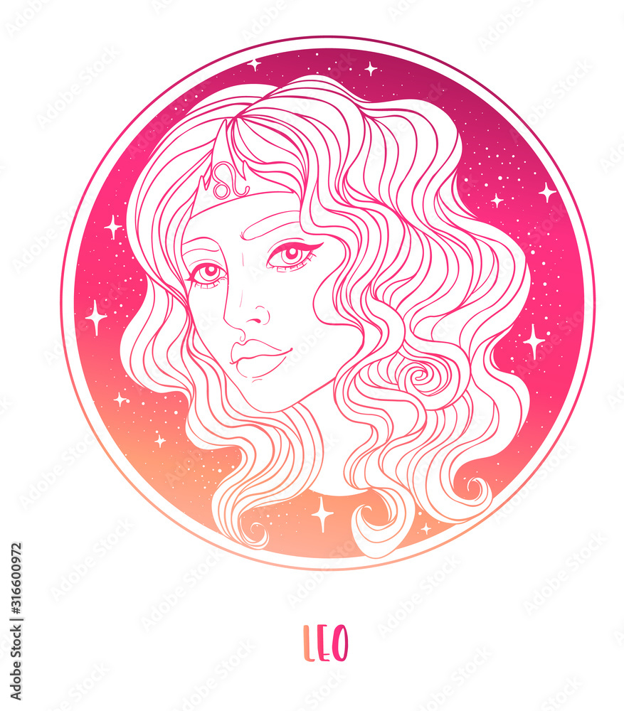 Illustration of Leo astrological sign as a beautiful girl. Zodiac vector illustration isolated on white. Future telling, horoscope, alchemy, spirituality, occultism, fashion woman.