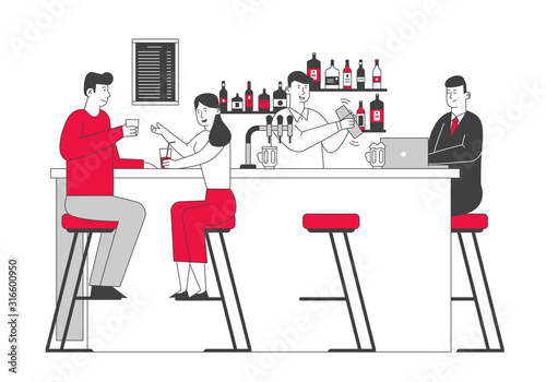 Bar Recreation Concept. People Visiting Pub, Couple Sit at High Chairs Drinking Alcohol on Counter Desk, Businessman Work on Laptop, Barman Making Cocktail Cartoon Flat Vector Illustration, Line Art