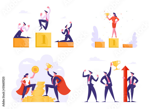 Business People Stand on Golden Winners Pedestal Demonstrate Power. Workers with Most Great Financial Results, Best Employee Manager Get Golden Trophy. Leadership Win Cartoon Flat Vector Illustration