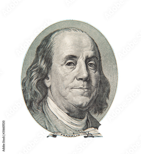Benjamin Franklin portrait on one hundred US dollars banknote. Isolated on white.
