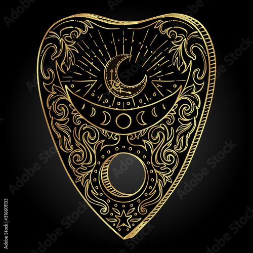 Heart-shaped planchette for spirit talking board. Vector isolated illustration in Victorian style. Mediumship divination equipment. flash tattoo drawing. Alchemy, religion, spirituality, occultism.