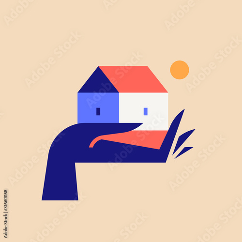 Vector illustration in trendy minimal style of elegant hand holding cute small house at afternoon sun