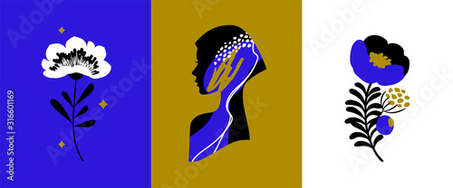 Vector abstract logo design templates in trendy minimal style of female portrait with beautiful woman face and flowers. Elegant emblem for makeup artist, beauty clinic or fashion studio