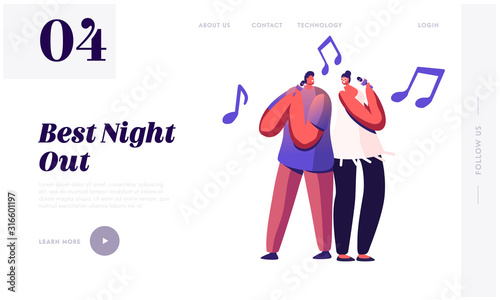Cheerful Couple Singing Song in Karaoke Bar Website Landing Page. Man and Woman Standing with Microphones on Stage. Weekend Sparetime, Creative Hobby Web Page Banner. Cartoon Flat Vector Illustration