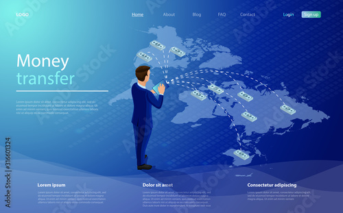 Online money transfer concept. Businessman transfers money through a mobile app anywhere in the world. Mobile money transfer isometric vector illustration. Global payment system. Online banking.