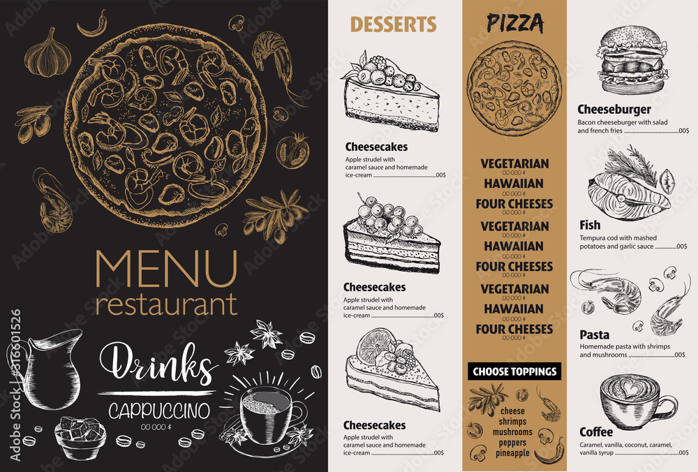 Restaurant food menu design, hand drawn illustrations. Vector food flyer.