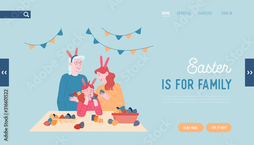 Happy Family Prepare for Easter Celebration Website Landing Page. Grandmother, Mother and Little Girl Wearing Rabbit Ears Painting Eggs Web Page Banner. Cartoon Flat Vector Illustration, Line Art