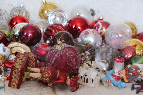 Vintage Christmas tree ornaments and lights from the '50s. Christmas and winter holiday concept.
