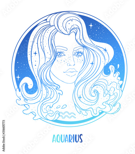 Illustration of Aquarius astrological sign as a beautiful girl. Zodiac vector illustration isolated on white. Future telling  horoscope  alchemy  spirituality  occultism  fashion woman.