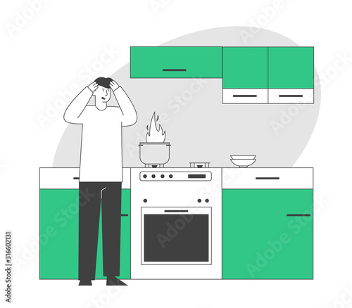 Frightened Man Stand at Oven with Burning Fire in Pan. Household Character Every Day Routine, Weekend Chores Housekeeping Process Unhappy Culinary Experience Cartoon Flat Vector Illustration, Line Art