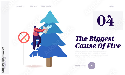 Environment Protection, Nature Ecology Saving Website Landing Page. Volunteer Woman Extinguish Big Fire Spraying Water from Bucket on Burning Fir-Tree Web Page Banner. Cartoon Flat Vector Illustration