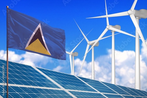 Saint Lucia solar and wind energy, renewable energy concept with solar panels - renewable energy against global warming - industrial illustration, 3D illustration