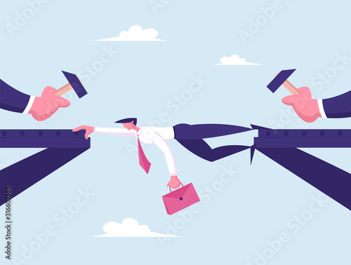 Office Worker Frustration, Career Burnout. Troubled Businessman Hanging between Separated Bridge Parts and Hands with Punching Hammers. Difficult Task, Stress Deadline Cartoon Flat Vector Illustration