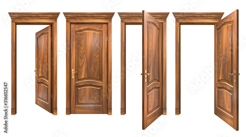 Closed and open brown wooden doors isolated on white. Natural hard wood entrance with arched panels, cornice, columns. High resolution 3D rendering with copy space