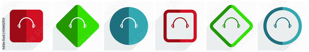 Headphones icon set, flat design vector illustration in 6 options for webdesign and mobile applications in eps 10 Headphones icon set, flat design vector illustration in 6 options for webdesign and mobile applications in eps 10
