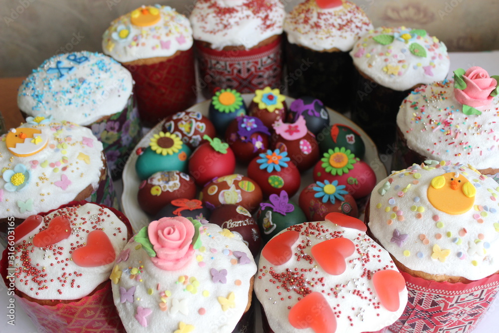 Happy easter with easter dishes on background