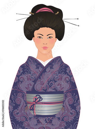 Beautiful japanese woman in kimon, traditional dress, on pink floral sakura background