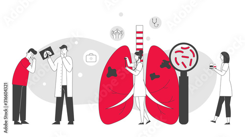 Respiratory Medicine, Pulmonology Healthcare Concept. Doctors Check Human Tuberculosis Lungs with Magnifying Glass, Make X-ray. Medical Pulmonological Care Cartoon Flat Vector Illustration, Line Art