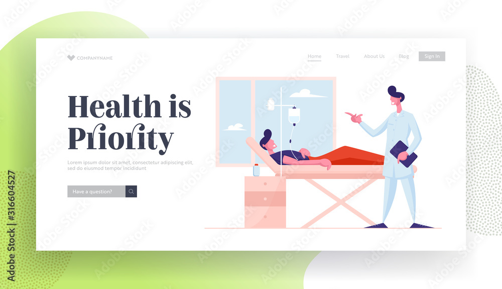 Medical Check Up, Sick Man Recovery Process Website Landing Page. Doctor in Medical Robe Visiting Patient Lying with Dropper in Bed at Hospital Chamber Web Page Banner Cartoon Flat Vector Illustration