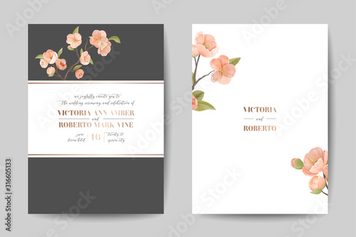 Elegant Greenery Wedding Invitation Card Template Design, Front Back View. Cherry Flowers, Frame on White Background Floral Green Leafage Poster Banner Flyer Brochure. Cartoon Flat Vector Illustration
