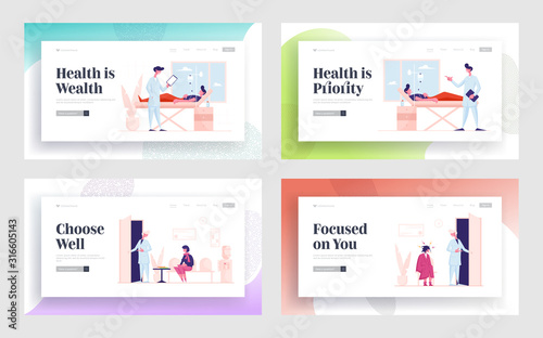 Hospital Medicine, Health Care Website Landing Page Set. Doctor Visit Patient in Chamber Watching on Medical Card, Practitioner Invite Woman to Office Web Page Banner. Cartoon Flat Vector Illustration