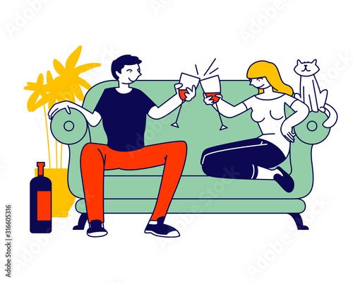 Young Loving Couple Spend Time at Home Sitting on Couch Together Chatting, Drinking Wine with Cat Sitting nearby on Weekend Evening. Love Flirting Sparetime. Cartoon Flat Vector Illustration, Line Art