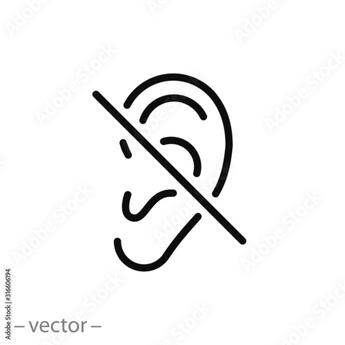 hearing disability icon, no hear or mute, deaf ear, thin line web symbol on white background - editable stroke vector illustration