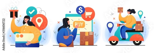 Online Shopping concept and delivery of goods through online form illustrations. Perfect for web design, banner, mobile app, landing page. Vector