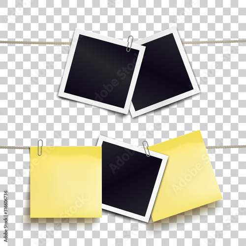Yellow sticky notes and photo frames attached metal paper clips on tapes. Template for design. Vector illustration.