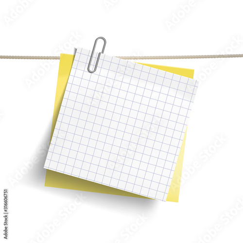 Yellow sticky note and chequered white sheet of paper attached metal paper clip on tape. Template for design. Vector illustration.