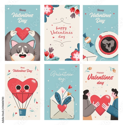 Valentines Day Cards collection. Cute holiday themed characters and situations. Vector