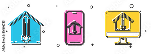 Set House temperature, Mobile phone with house temperature and Computer monitor with house temperature icon. Vector