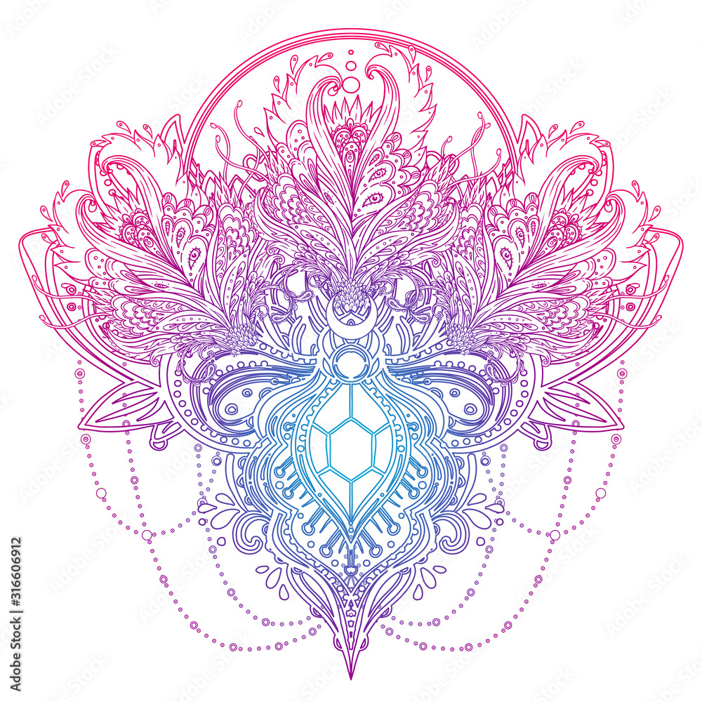 Vector ornamental design element, ethnic art, patterned Indian paisley. Hand drawn illustration. Invitation element. Tattoo, astrology, alchemy, boho and magic symbol. Black linework isolated on white