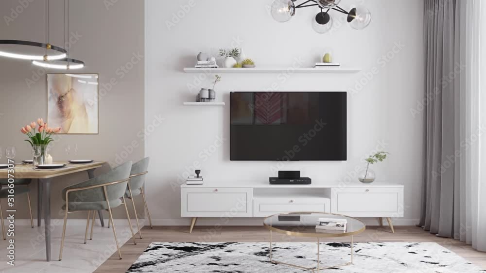 3d render. Slow camera flying on the interior in a modern style