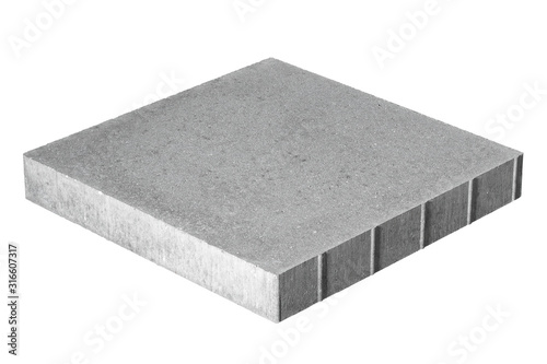 Paving stone made of concrete isolated on white background. Tile has a flat upper surface without chamfer and fit snugly when paving.