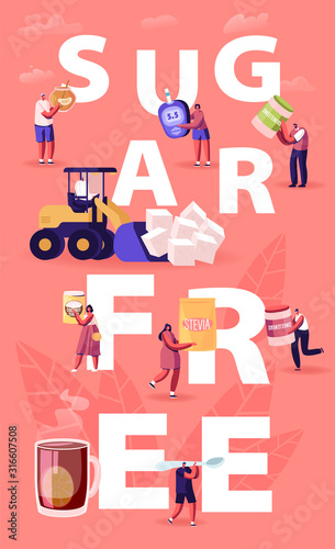 Sugar Free Concept. People Eating Natural Sweeteners Remove Cane Sugar from Nutrition Use Honey, Coconut Extract and Stevia Eco Production Poster Banner Flyer Brochure Cartoon Flat Vector Illustration