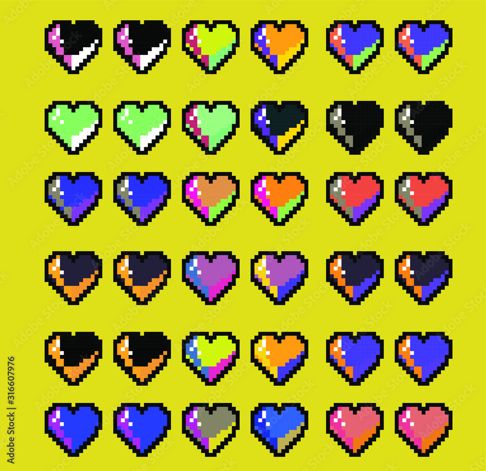 Pattern made of pixelated hearts like in old 8-bit arcade video game. Vaporwave and retrowave style illustration for print design. Pattern made of pixelated hearts like in old 8-bit arcade video game. Vaporwave and retrowave style illustration for print design.