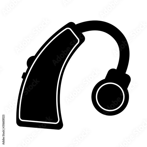 Black hearing aid icon. Flat design. Vector illustration