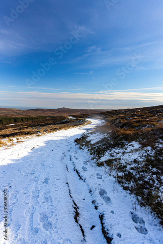 path with snow at Slieveanorra, Moyle Way, Antrim Hills, Causeway coastal route, County Antrim, Northern Ireland